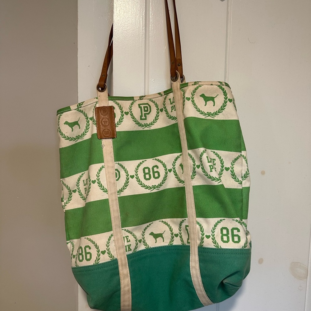 Victoria Secrets Vintage Green and Cream Tote Bag with Brown Handles